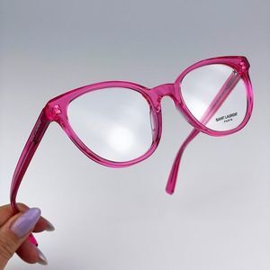 Saint Laurent SL589 004 Eyeglasses Transparent Fuchsia Pink Oval Women